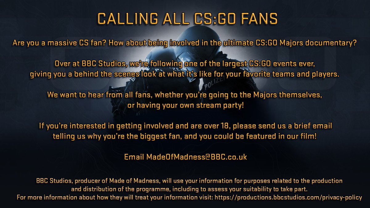 So I won’t be in Rio in an on stage capacity. But I am gonna be there making this…. Would love you to be in it. @ESLCS @ESL @bbcstudios