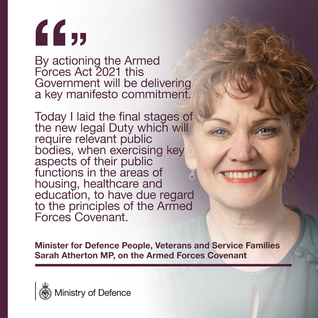 Today saw the final Parliamentary stages before the new Covenant Duty comes into legal force. This will achieve better outcomes for the Armed Forces community, ensuring they are not disadvantaged in accessing public services and special provision is considered when appropriate.