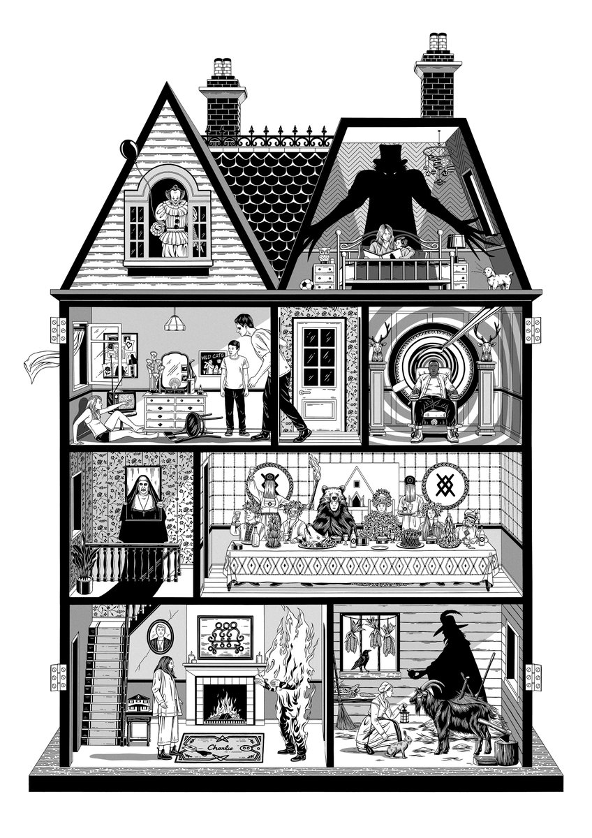 stuartpatience's tweet photo. @TheFinalGirlsUK @annabdemented and @EvolutionPod podcasts were the perfect background listening while working on my new House of Horror illustration.... https://t.co/0Mb0WLvYbM