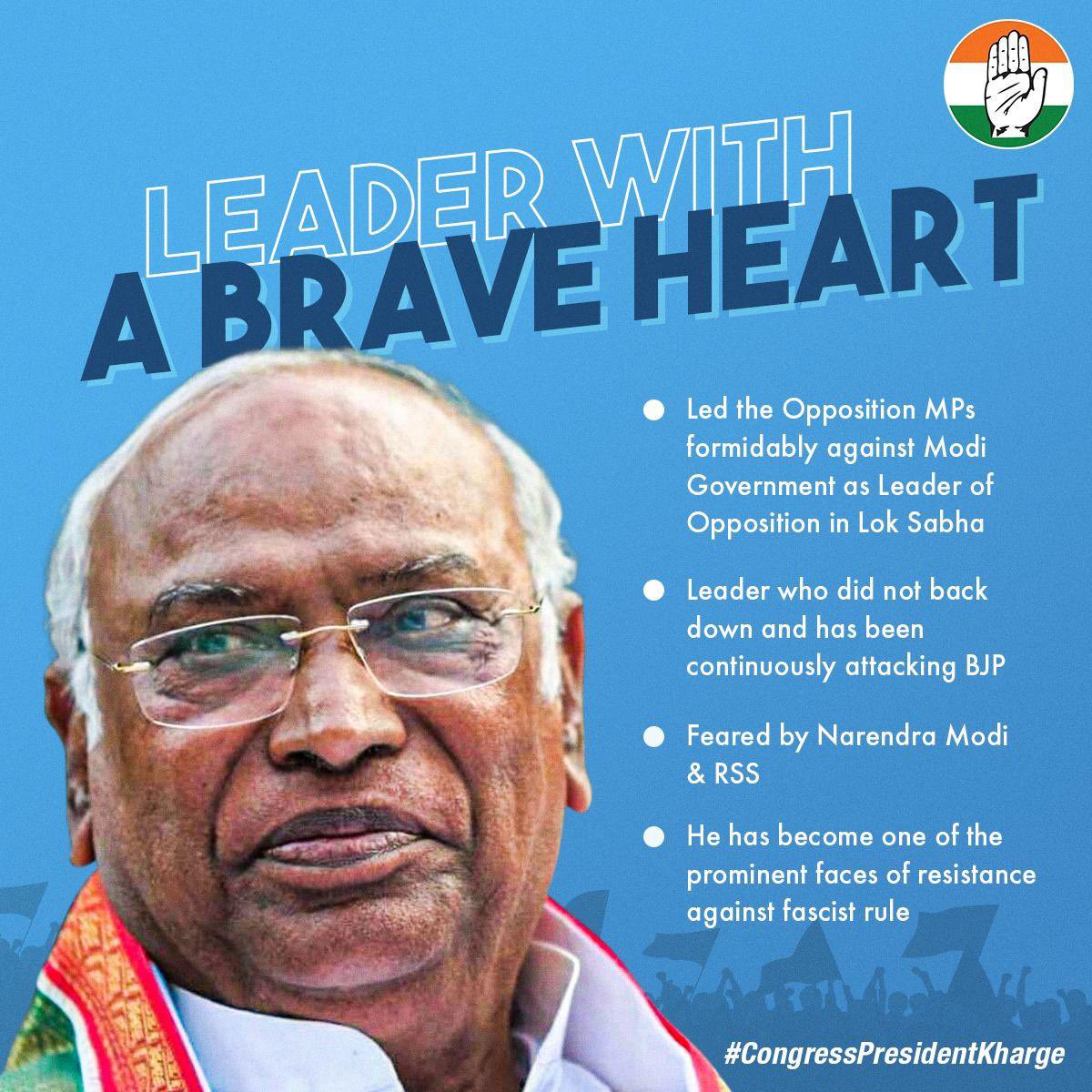 #CongressPresidentKharge 

A courageous leader who is fighting RSS BJP agenda even at the age of 80 is an inspiration to every Congressis like us

More power to you Sir
