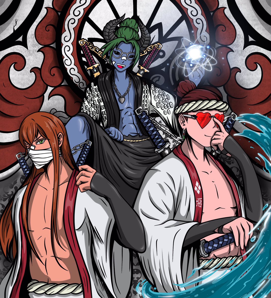 Fiindolol's tweet photo. @_khaws Finished his piece of the Inazuma Three squad from the @childrenofukiyo collection!! Just look at this masterpiece 😤🔥#FromTheShadows #ChildrenOfUkiyo #RaidCoU #NFTArt #NFTArtist #NFTCommunity #NFTFanArt https://t.co/xOOHDNakMM