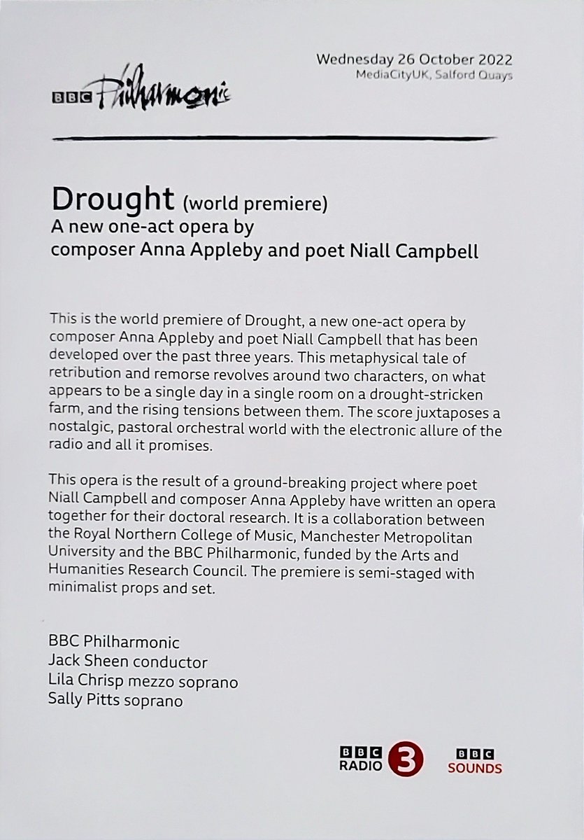 Nice midweek night out to hear a new one-act opera #Drought by <a href="/AnnaAppleby/">Anna Appleby</a> &amp; <a href="/NiallCPoetry/">Niall Campbell</a> performed by <a href="/BBCPhilharmonic/">BBC Philharmonic Orchestra</a> at <a href="/MediaCityUK/">MediaCityUK</a> - a wonderful collaboration with <a href="/rncmlive/">Royal Northern College of Music</a>. A wonderful sound world, can't wait to hear more from Anna!