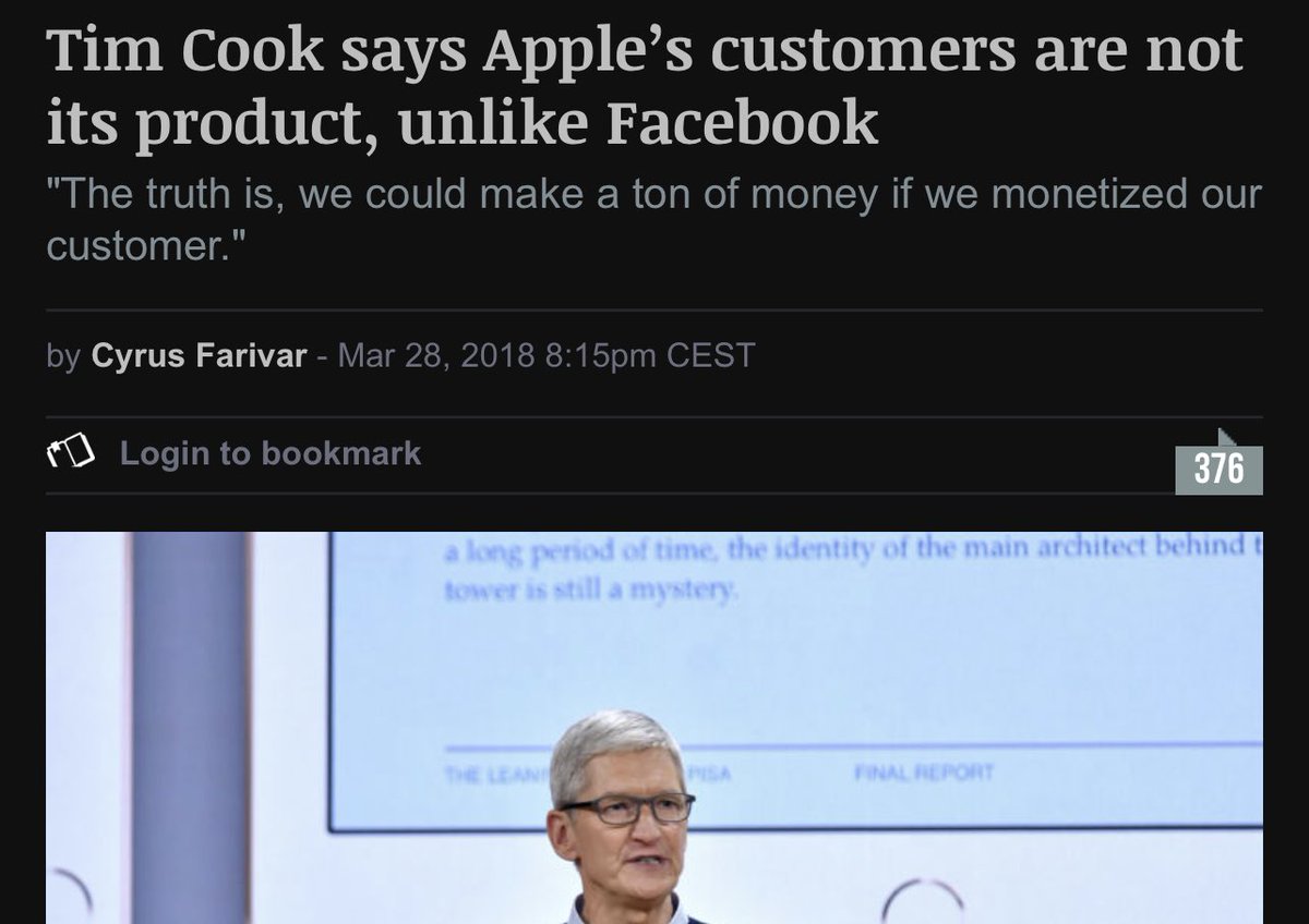 didn't age well. crying in Ads

"Tim Cook says Apple's customers are bot its product, unlike Facebook"