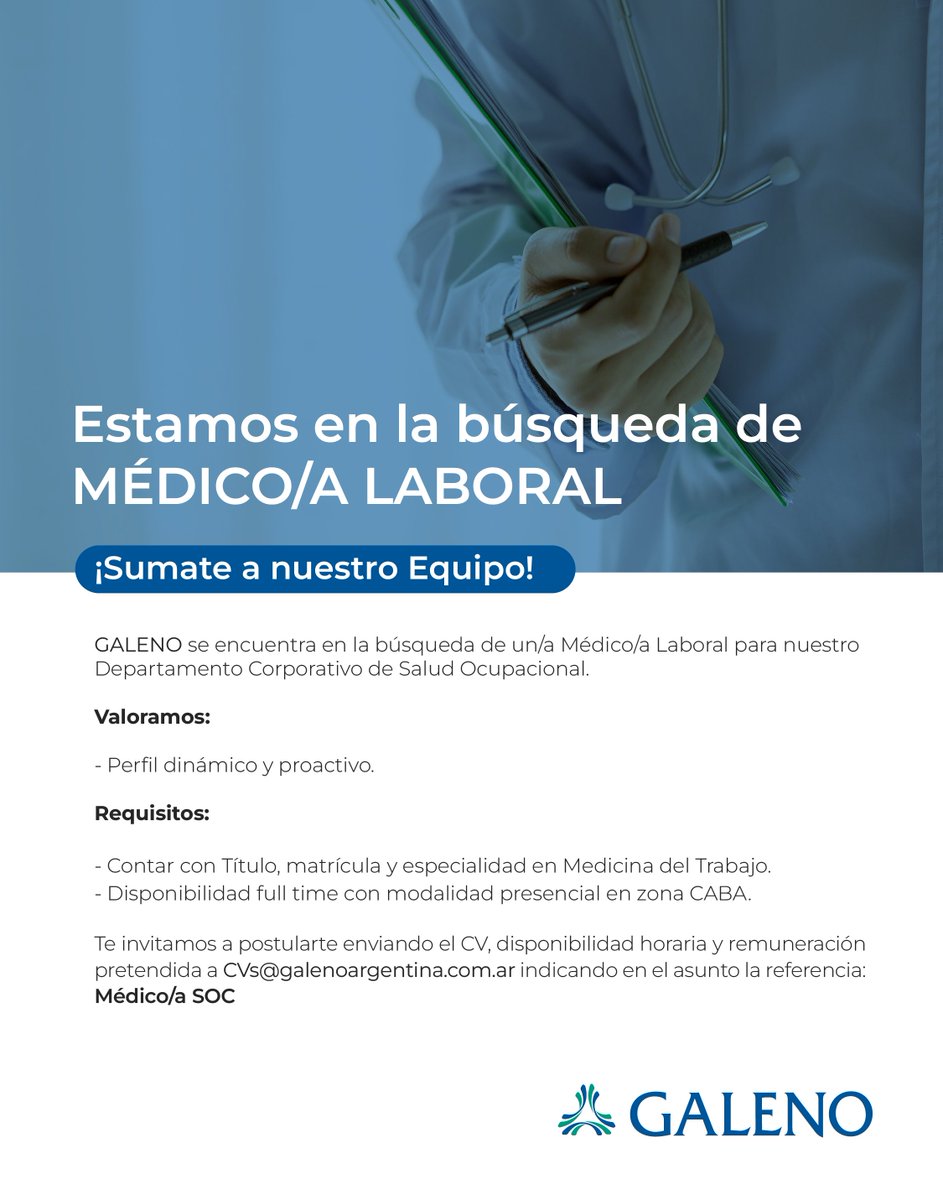 [BÚSQUEDA LABORAL]

Continuamos la semana compartiendo una nueva búsqueda laboral de GALENO.

Contacto: cvs@galenoargentina.com.ar

El equipo de la SMTBA

#busquedalaboral #medicinalaboral #medicinadeltrabajo #medicodeltrabajo #galeno