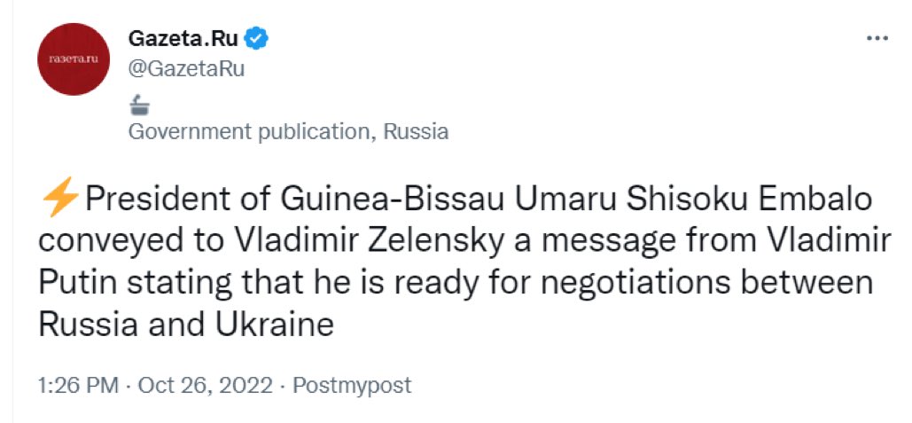 [情報] 普丁請幾內亞比索總統幫忙向烏克蘭求和
