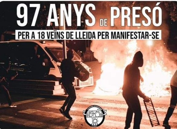 cris_88rg's tweet photo. L'estat Espanyol demana un total de 97 anys de presó, multes - penes per a 18 JOVES DE LLEIDA, per la manifestació del 18-O contra la sentència del procés
#GovernTraidor
#AneuALaMerda
#PutaEspaÑa https://t.co/mYgT3B9d4m