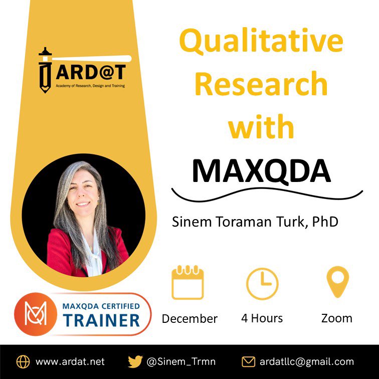 We’re excited to announce a 4-hour #MAXQDA workshop led by Certified Trainer Dr. Sinem Toraman Turk. The workshop will be held on Sat., December 10, 2022 ⏰9:00 am - 1:00 pm (Eastern Time Zone) Help us spread the word and visit our website to sign up👇🏼 ardat.net/services