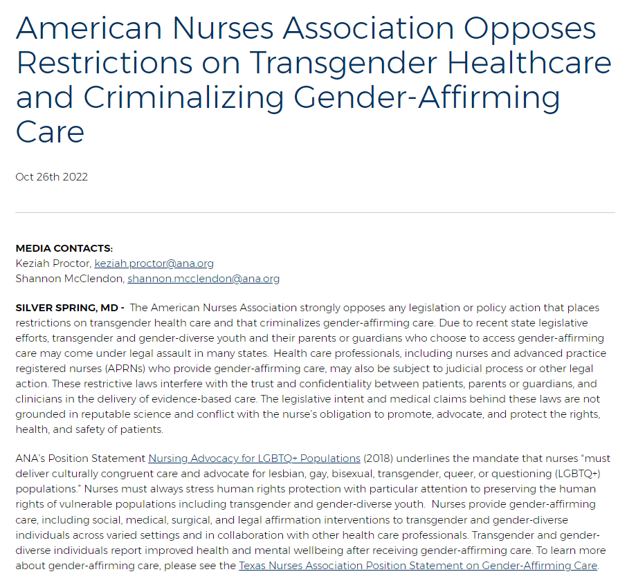 Add yet another professional medical organization coming out against criminalizing and banning gender affirming care for trans youth. The American Nurses Association strongly opposes any policy that restricts gender affirming care.