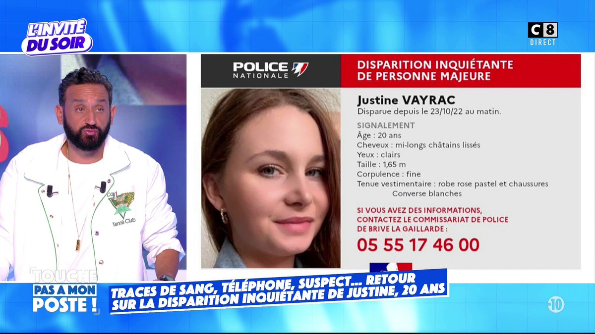 TBT9_W9's tweet photo. Merci d'avoir suivi #TPMP. On se retrouve demain avec @Cyrilhanouna !

Disparition inquiétante de Justine, 20 ans.

🚨Contactez ce numéro si vous avez des informations : 05 55 17 46 00. #TPMP https://t.co/Z4USm1hzx7