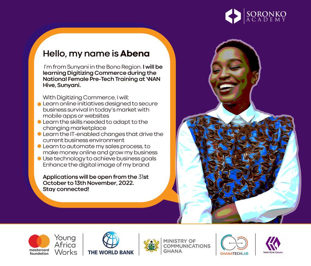 WAN_HiveGH's tweet photo. 𝙉𝙖𝙩𝙞𝙤𝙣𝙖𝙡 𝙁𝙚𝙢𝙖𝙡𝙚 𝙋𝙧𝙚-𝙏𝙚𝙘𝙝 𝙏𝙧𝙖𝙞𝙣𝙞𝙣𝙜 

Abena is excited to join our next National Female Pre-Tech Training. If you have the passion to use technology in solving societal problems, then this is a great opportunity for you

Stay connected
#WANHiveimpacts https://t.co/zdNnNzyWAh