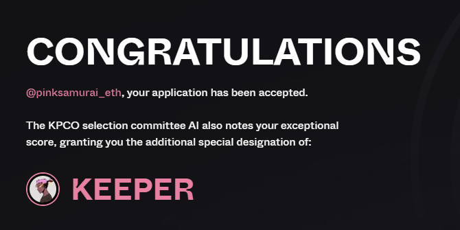 pinksamurai_eth's tweet photo. Oh wow @KPRVERSE !
guess I made it! 
🫡🔥🔥 

Hope you guys got accepted too !! 
Check the result on their website: https://t.co/WBOMG6jqf2 https://t.co/OmsEhiR5Et