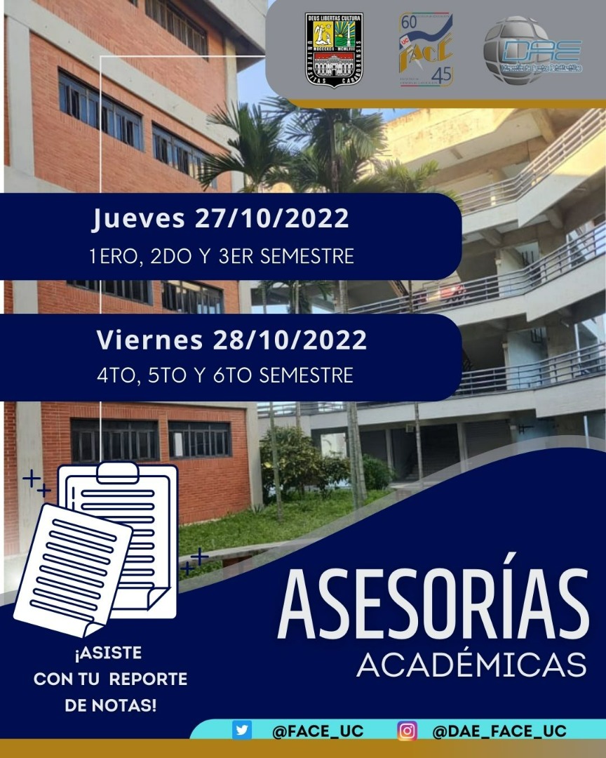 Se Invita a los Estudiantes que cursarán del 1er al 6to semestre estudios en el próximo Período Académico I-2023 a una Jornada de Asesorías en el Marco de la Inserción al Nuevo Diseño Curricular

-Jueves 27/10/2022: 1ro, 2do y 3er Sem.

-Viernes 28/10/2022: 4to, 5to y 6to Sem.