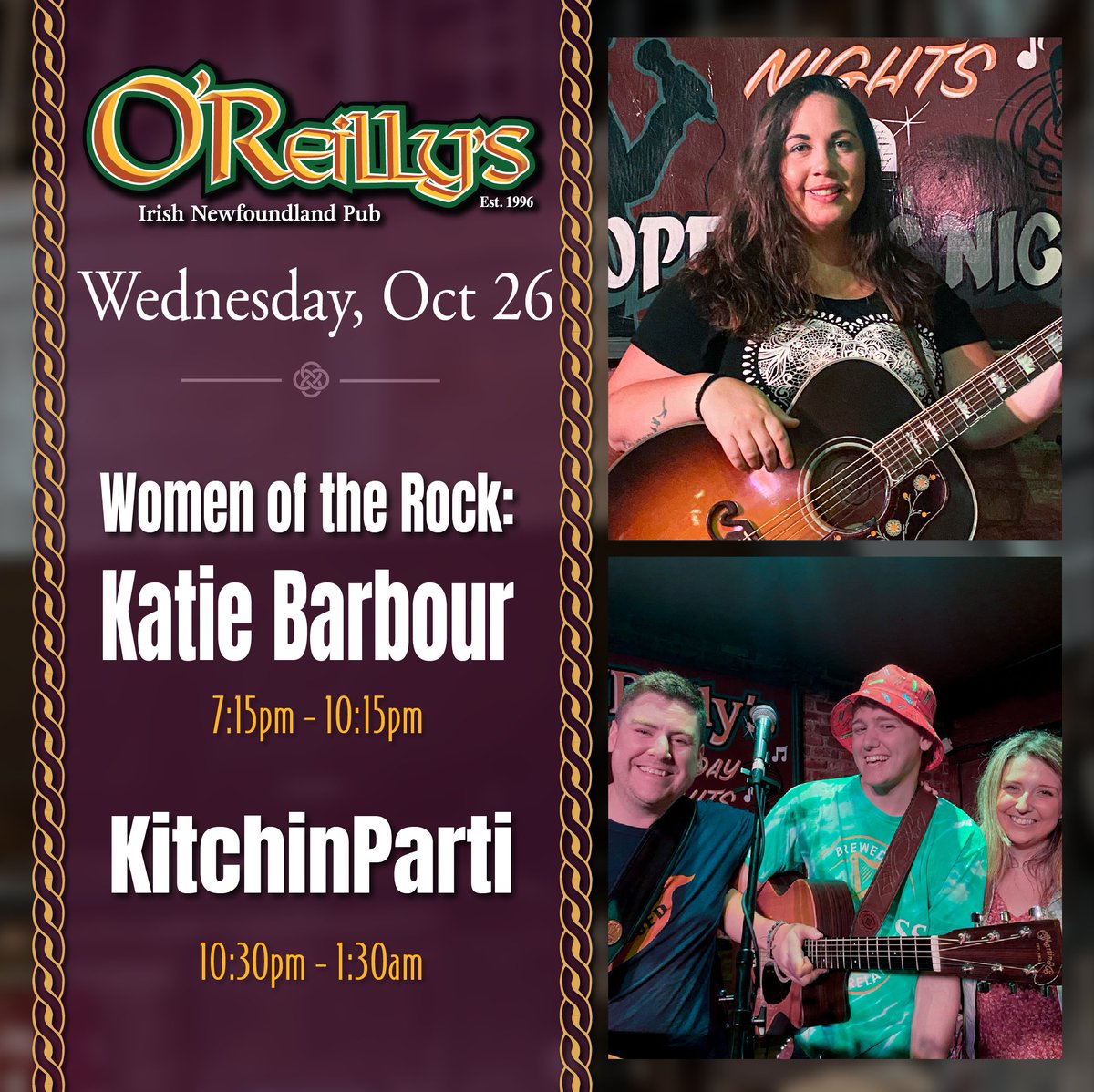 O'Reilly's Pub (@oreillys_pub) on Twitter photo Tonight @ O'Reilly's:
Women of the Rock w Katie Barbour - 7:15pm
KitchinParti - 10:30pm
<a href="/NLLiveEvents/">NL Live Events</a> #tonight #livemusic Tonight @ O'Reilly's:
Women of the Rock w Katie Barbour - 7:15pm
KitchinParti - 10:30pm
<a href="/NLLiveEvents/">NL Live Events</a> #tonight #livemusic