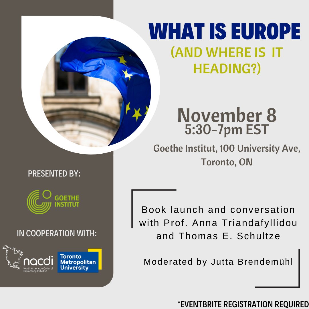 EUFFTO's tweet photo. “What is Europe?” #GoetheTO invites @TorontoMet @triandafyllidou @cercmigration for her book launch on Europe’s changing culture, identity & influence w/ Consul General Schultze @GermanyinTO
8 Nov at @GoetheToronto
#EUFF22 @nacdiplomacyi
🎟️ > https://t.co/20BGaXm2Pf https://t.co/8P4QJpejkK