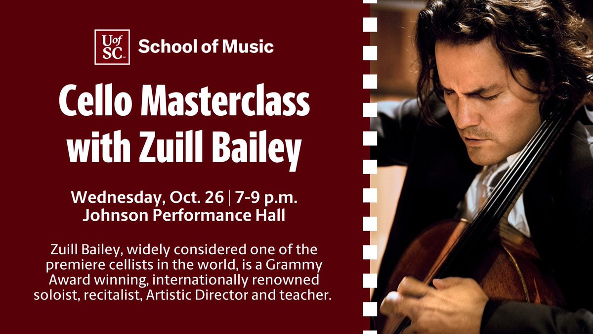 Cello lovers: tonight at 7pm a master class with <a href="/zuillbailey/">Zuill Bailey</a> w/ <a href="/GamecockMusic/">USC School of Music</a> cellists in Johnson Hall at <a href="/MooreSchool/">USC Darla Moore School of Business</a> ⚡️