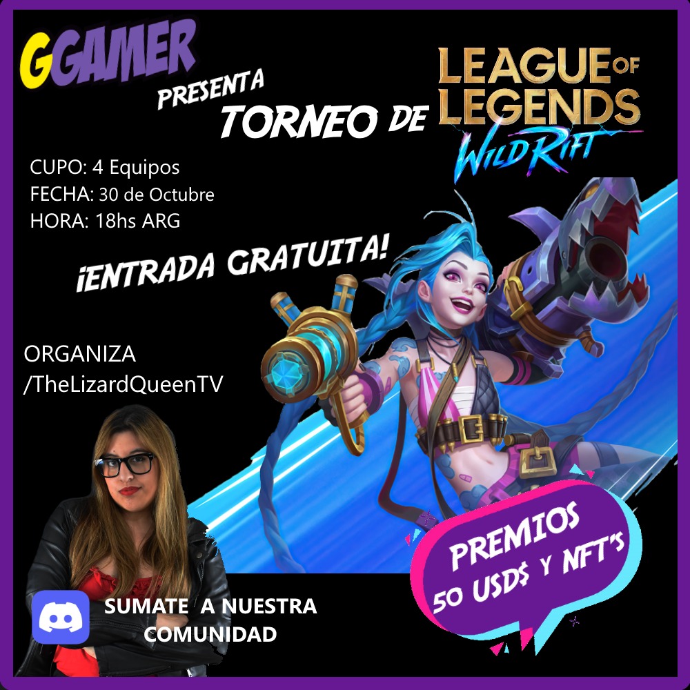 TheLizardQueenT's tweet photo. Se viene TORNEO de Wild Rift para LAS este domingo gracias a GGAMER 🤩

⚔️5 vs 5⚔️

💵50 USD DE PRIZEPOOL💵

INSCRIPCIÓN: https://t.co/YfqWDV5CRO
DISCORD: https://t.co/50wiSSQ006 https://t.co/HVQpQXOkRm