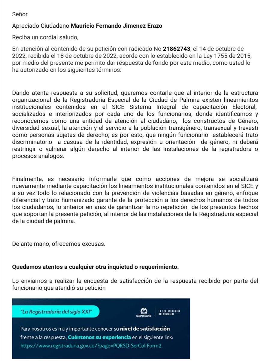 profepazparce's tweet image. Esta fue la respuesta de @Registraduria sobre el caso de transfobia ocurrido en la seccional #Palmira. No necesito ser una persona trans para comprometerme con la defensa de los derechos, basta con ser humano. @MinInterior @OEA_oficial @MisionONUCol @PGN_COL @FiscaliaCol @fecode