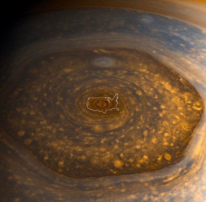 To give you an idea of just how large Saturn’s “hexagon” storm is.
Credit: NASA/ESA