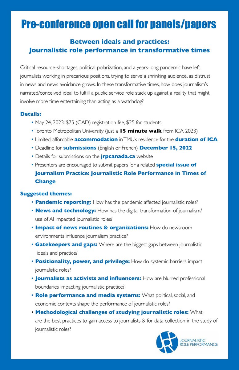 Coming to Toronto for <a href="/ICAhdq/">International Communication Association</a> or <a href="/CCA_ACdC/">Canadian Communication Association (ACC-CCA)</a> conferences? Join us <a href="/JournalismTMU/">School of Journalism</a> May 24, 2023 for a pre-conference exploring journalistic roles in transformative times #jrp2023. Call for papers/panels below, check out details on jrpcanada.ca.
