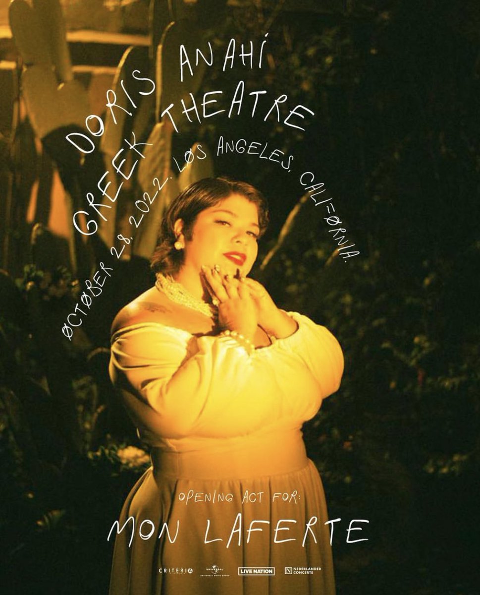 🎤| Doris Anahí (<a href="/mijadoris/">mijadoris</a>) se encargará de abrir el concierto de <a href="/monlaferte/">Mon Laferte</a> el próximo viernes 28 de octubre en el <a href="/Greek_Theatre/">The Greek Theatre</a>. 

Tickets: ticketmaster.com/event/09005D18…