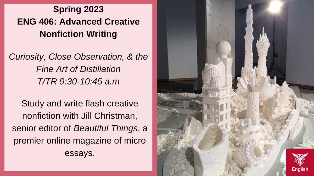 bsuenglish's tweet image. Study and write flash creative nonfiction with Jill Christman, senior editor of Beautiful Things, a premier online magazine of micro essays. ENG 406: Advanced Creative Nonfiction, next semester!