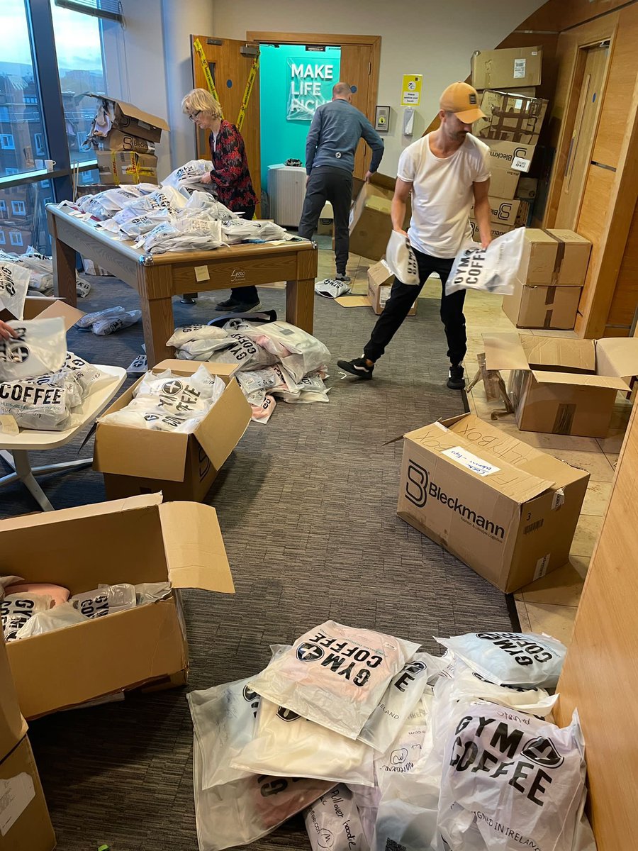 A huge thanks to our partners @gympluscoffee for making sure #SanctuaryRunners will be kitted out for training all winter. All 3 founders packing and unpacking with their awesome team! #RunAsOne