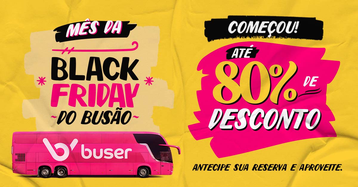 BuserBrasil's tweet photo. A Black Friday da Buser tá on! 🚍 Até 80% de desconto em vários destinos no Brasil inteiro. Antecipe sua reserva de férias, final de ano ou feriado e aproveite pra pagar baratinho e viajar muito! Bora! https://t.co/2Z0FTK6Qkj #VaiDeBuser https://t.co/ihcaNaGwy7