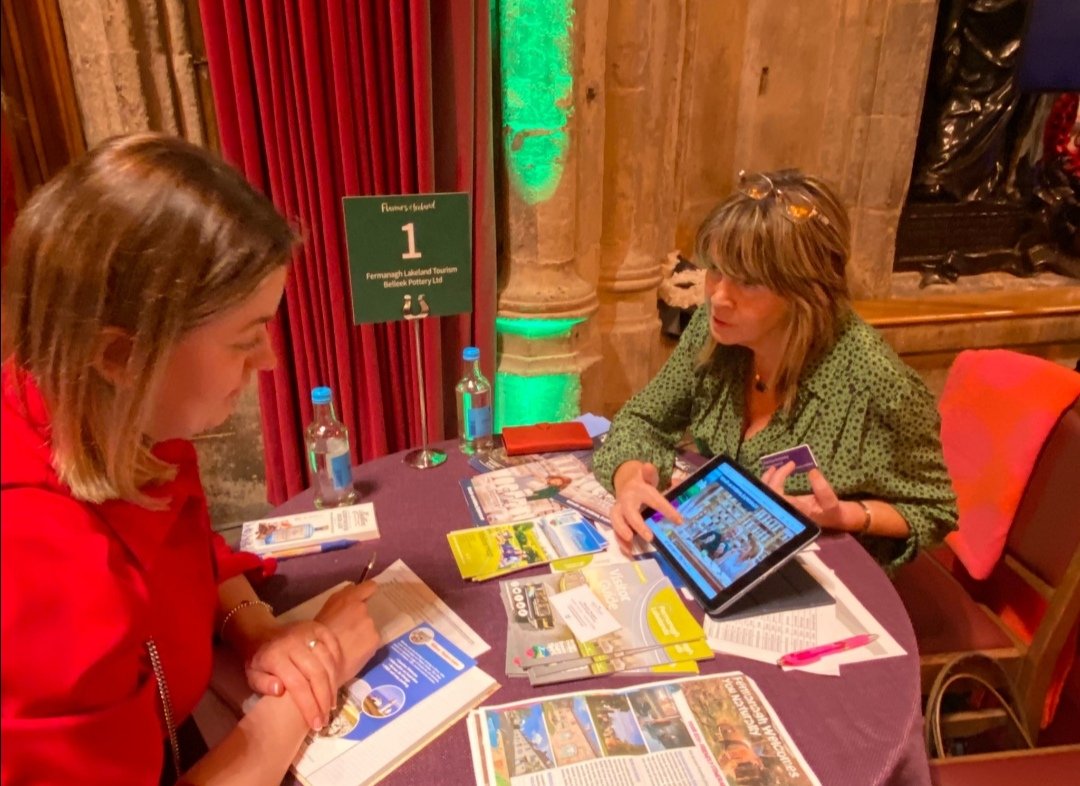 fermanaghlakes's tweet photo. Tanya from @fermanaghlakes and Patricia from the wonderful @HomeofBelleek flying the flag for Fermanagh Lakelands at the @TourismIreland #FlavoursOfIreland event in London. https://t.co/EE4Y1jtzfo