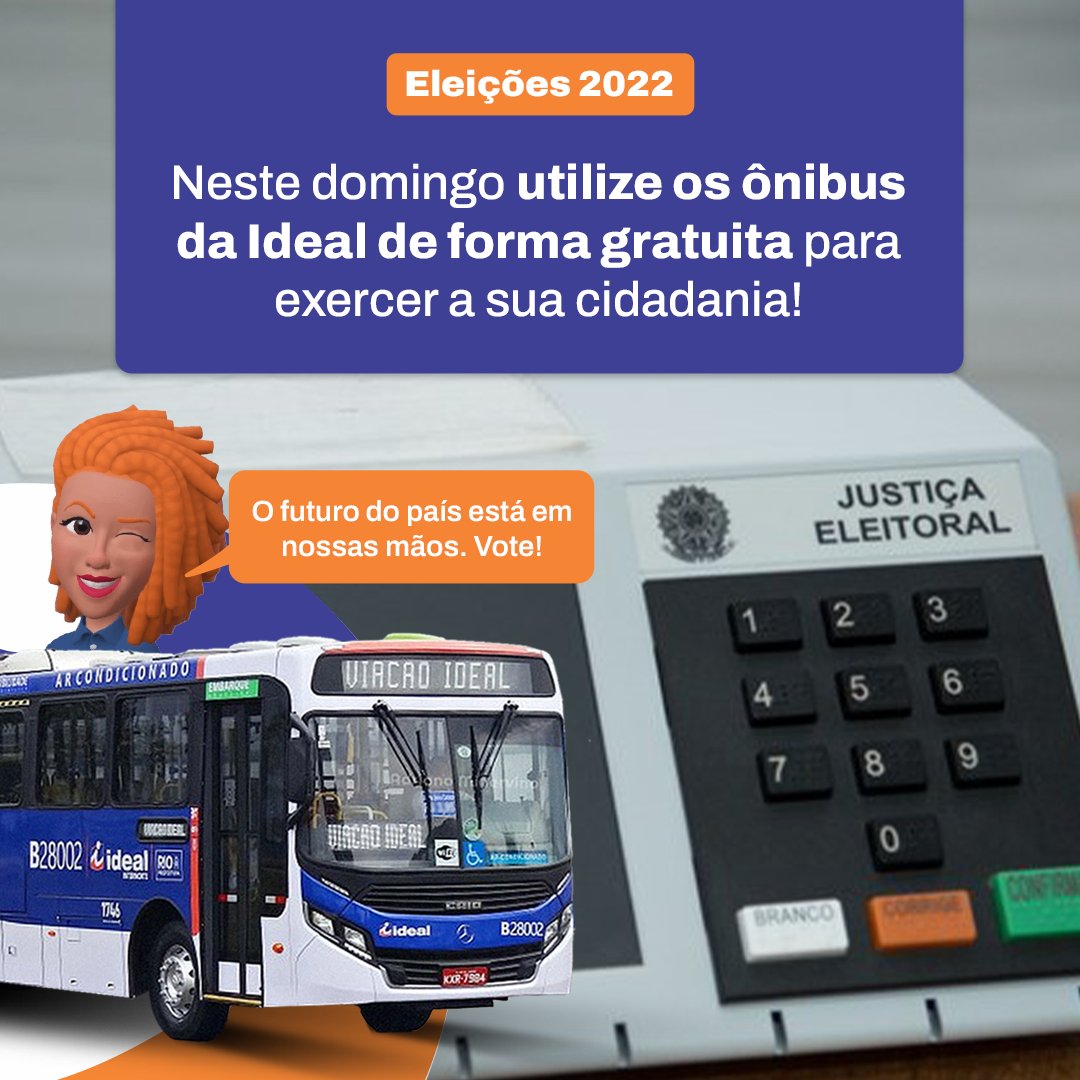 viacaoideal's tweet photo. ✨ Seguindo orientação do Supremo Tribunal Federal e da Prefeitura da Cidade do Rio de Janeiro, a Ideal oferecerá neste domingo, 30 de outubro, transporte gratuito para que todos
 os insulanos possam exercer sua cidadania sem custo algum.

#eleicoes2022 #vote #transportepublico https://t.co/0hS0uzoMAj