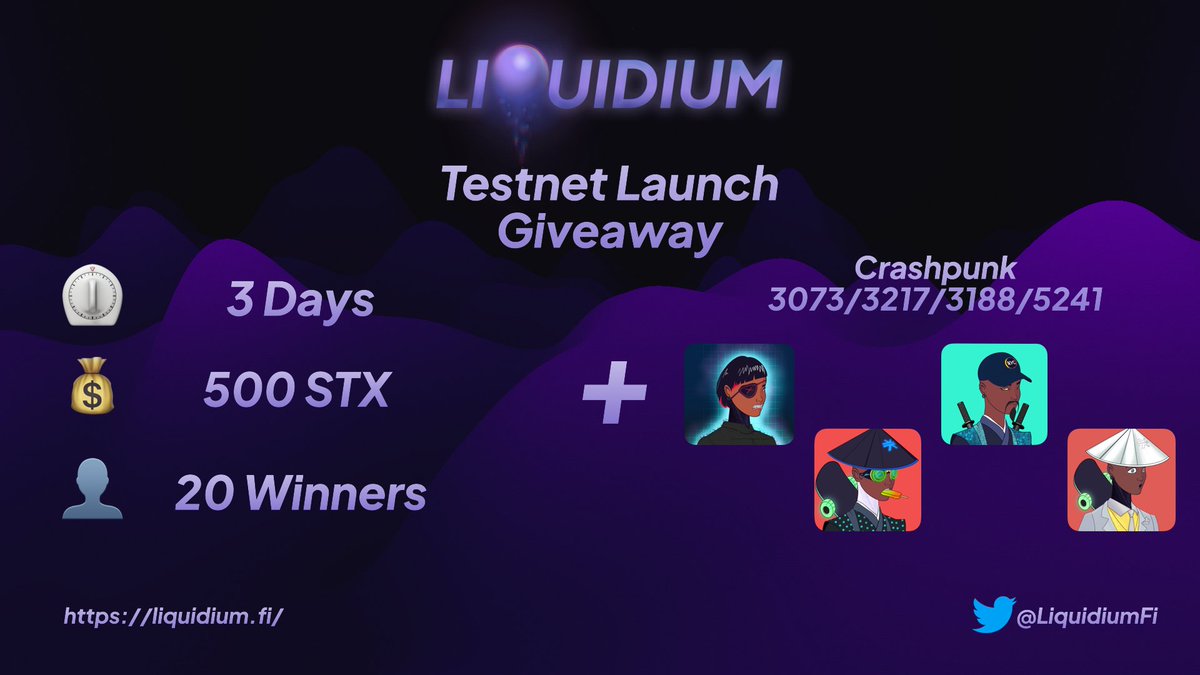 After many challenges and hurdles, we're very proud to announce we finally launched on Testnet!
To celebrate we'll be giving away 500 $STX and 4 <a href="/CrashPunks/">CrashPunks</a>.

To participate:

❤️ Like
🔁 Retweet
💬 Tag 3 friends
👾 Join our Discord
👤 Follow <a href="/LiquidiumFi/">Liquidium.Fi | Cross-Chain Loans</a>

#NFT #Giveaway