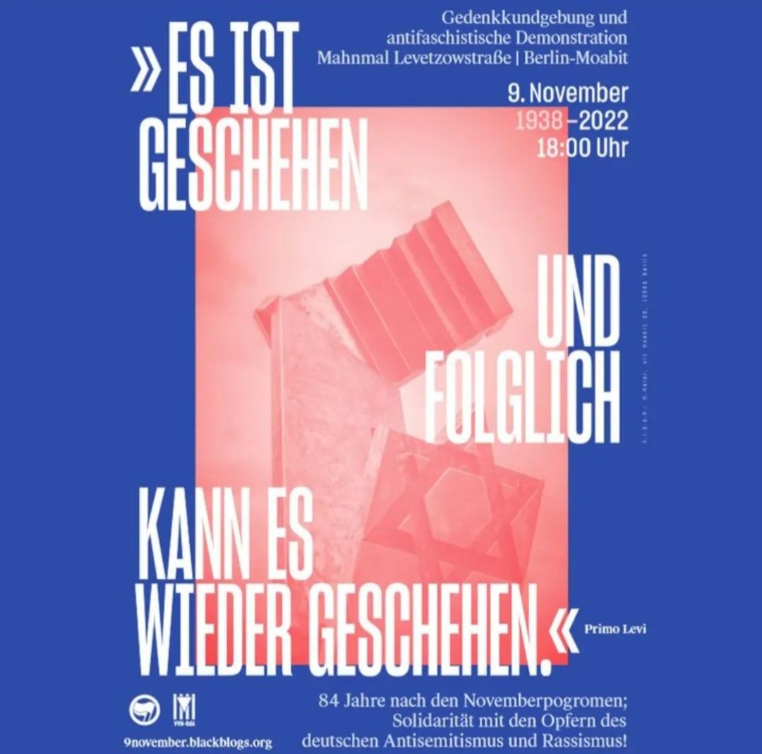 berlin_vvn_bda's tweet photo. *Gedenken an die Pogromnächte*
9. November - Kundgebung und Demonstration in Berlin-#Moabit

Ein antifaschistisches Bündnis führt auch in diesem Jahr wieder das traditionelle Gedenken an die antisemitischen Pogrome im Jahr 1938 durch.
#Gedenken #keinvergessen #b0911 https://t.co/0zuIp6DmTv