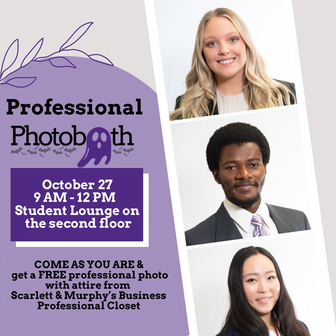 Need a professional photo for your portfolio? The Scarlet &amp; Murphy Professional Closet is hosting a free photo booth on October 27 from 9AM-12PM and will provide professional clothing! Be sure to take advantage of this opportunity while you can! Location: Johnson Hall 214.