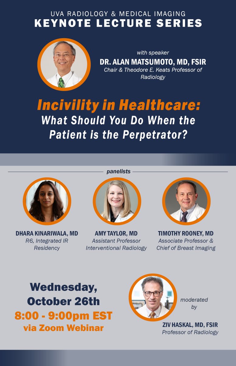 Join us tonight at 8pm EST for our next Keynote Lecture: 'Incivility in Healthcare: What Should You Do When the Patient is the Perpetrator?' To learn more and join the Zoom visit: med.virginia.edu/radiology/2022…