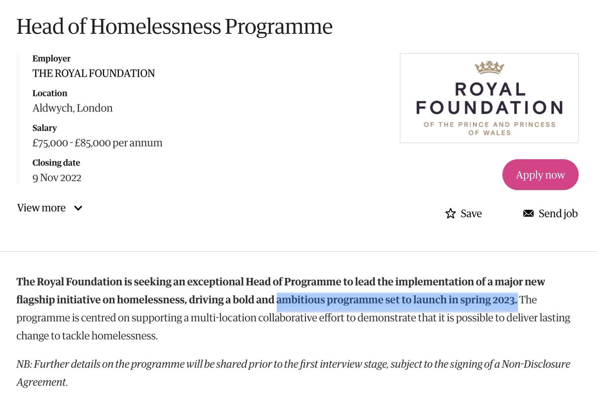 👇The Royal Foundation of The Prince and Princess of Wales will launch a major new flagship initiative on homelessness next Spring, 2023, led by Prince William. They are currently seeking two exceptional Heads to join the homelessness team. 👉 jobs.theguardian.com/employer/66143…