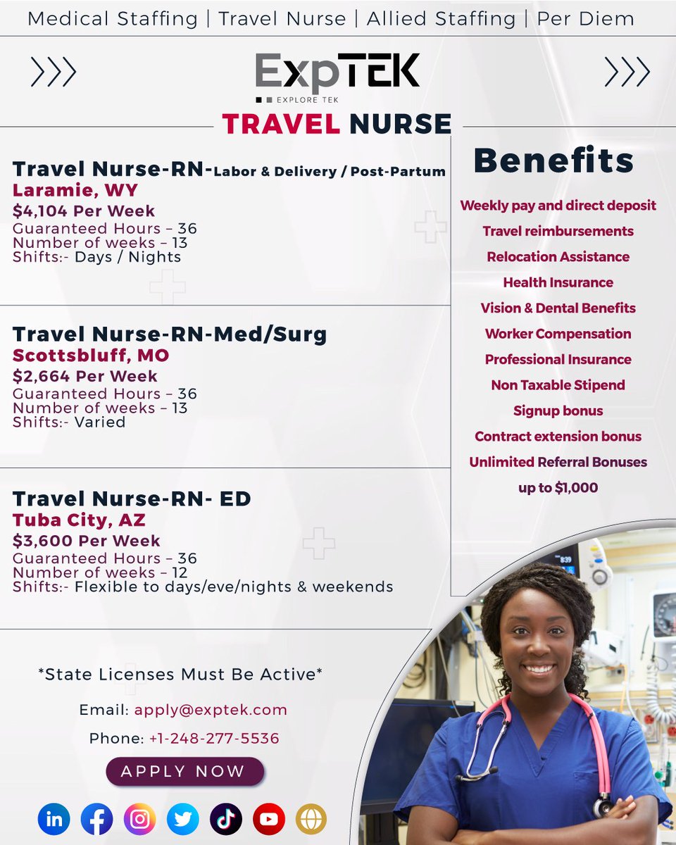 exp_tek's tweet photo. Calling all US-based #TravelNurses seeking contract positions.
Apply at apply@exptek.com for the fastest response.
Valid license must.
#usanurses #usatravelnurses #travelnursesjobs #travelnursecareer #travelnursejobopportunity #nursescontractjobs #exploretek #rnjobs #rncareers https://t.co/rOaSJNqxwC