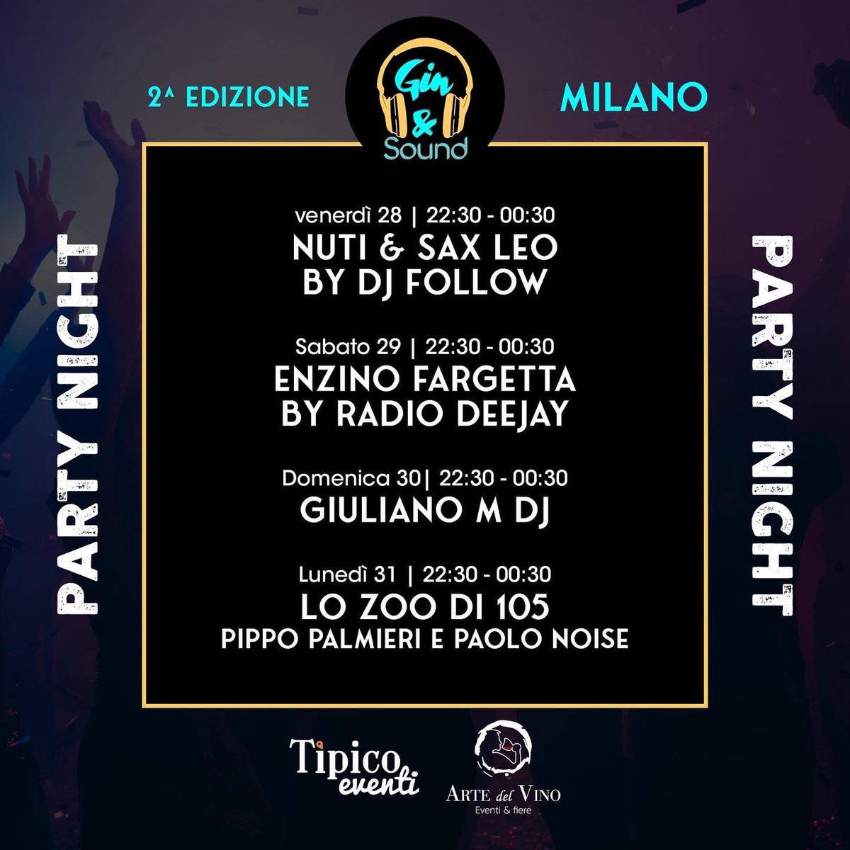 🥃 GIN &amp; SOUND • Fiera del Gin 
📍 MILANO - Piazza Città di Lombardia 
📆 28-29-30-31 OTTOBRE 2022 
🕟 Tutti i giorni dalle 17.00 all’ 01.00 

👉 info: tipicoeventi@gmail.com info@artedelvino.it 
🎫 Acquista qui i biglietti: mailticket.it/manifestazione/ #gin #Milano #djset #events