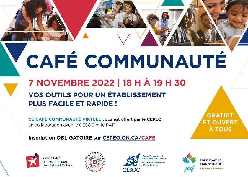 Dans le cadre de la semaine nationale de l'immigration francophone à Ottawa (SNIF), le CEPEO lance son programme Café Communauté ☕️ pour l’année 2022-2023. 📅 7 novembre 2022 de 18 h à 19 h 30 sur Zoom 👉 Inscriptions : cepeo.on.ca/cafe