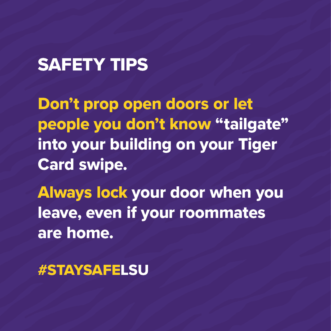 LSU's tweet photo. #StaySafeLSU tips for students who live on campus. https://t.co/1gIw2bSJtA