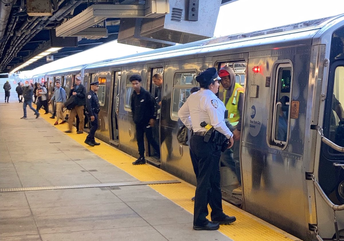 A seconds-long interaction that has taken place in the transit system throughout decades of subway policing: a transit officer checking in with the train conductor. NYPD officers just like this team inspecting a train in Queens are out there 24/7 for our millions of riders.