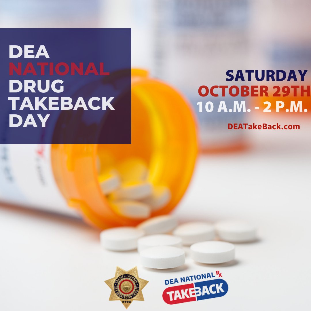 sbcountysheriff's tweet photo. .@DEAHQ Drug Takeback Day October 29th, 10AM-2PM:
@BarstowSheriff
@CentralStn
@ChinoHills_PD
@HighlandPolice 
@morongobasinstn
@RanchoPD
@SBCSDTwinPeaks
@VictorvillePD 
We encourage everyone to look in their homes for old or unused prescription medication &amp; dispose at a location. https://t.co/zujfKtivUI