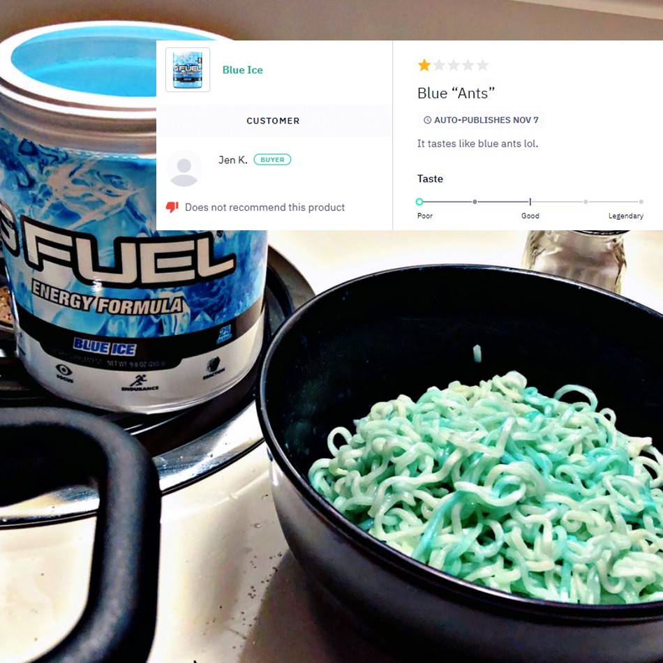 GFuelEnergy's tweet photo. An actual review that someone wrote about Blue Ice...I have so many questions... https://t.co/Hz3TGH4qdi