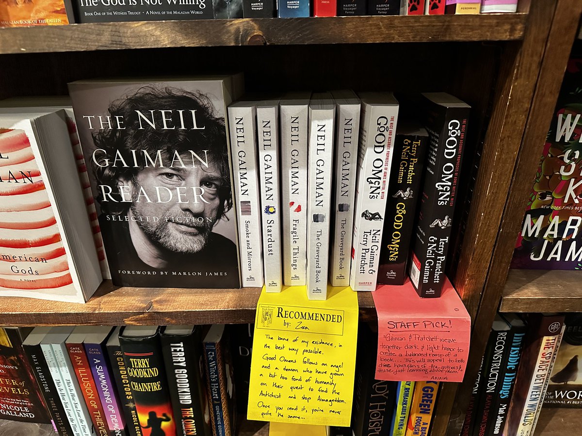 LaniDianeRich's tweet photo. At the @TatteredCover and seeing a nice @neilhimself display. Maybe @DrKellyJones and I could do a live episode of #WelcomeToTheEndTimes here when #GoodOmens2 comes out? https://t.co/cm48VfLOFh