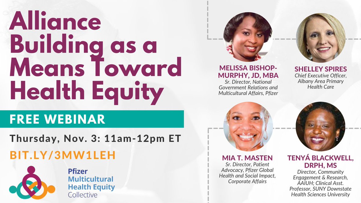 Don't forget to register for a panel discussion w/ Pfizer's Multicultural Health Equity Collective on 11/3. Experts from the @AAIUH2, @pfizer, & @AAPHC2 will discuss strategies & lessons learned for building partnerships to advance #healthequity. Register: bit.ly/3Mw1leH