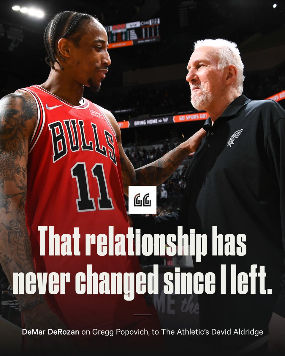 Over a year removed from playing under Gregg Popovich, DeMar DeRozan keeps in touch with his former coach. “Even randomly, he’ll call me, send me texts, check on me, and I do the same with him.” DeRozan discusses his Spurs’ stint with @davidaldridgedc: theathletic.com/3717053/?sourc…