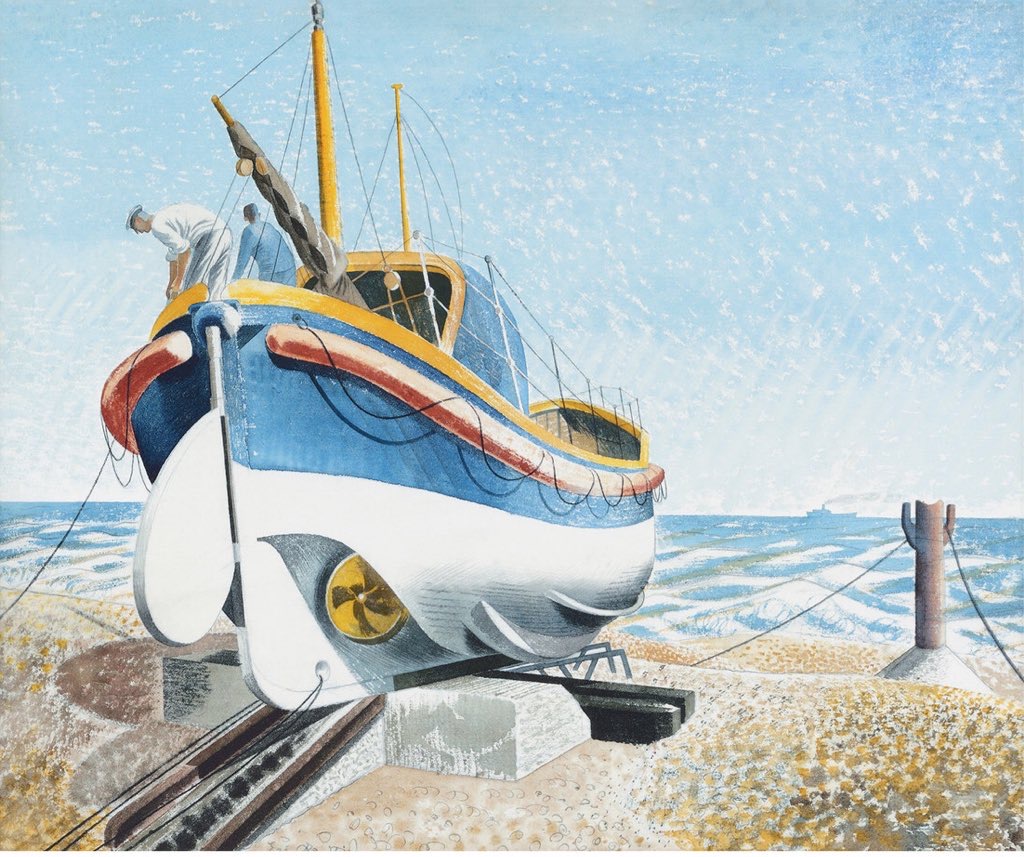 The Lifeboat, Eric Ravilious, 1938. Painted at Aldeburgh in #Suffolk it features a lifeboat named the Abdy Beauclerk, which in #WW2 took part in the #Dunkirk evacuation. The original artwork is in the collection of the @TownerGallery.