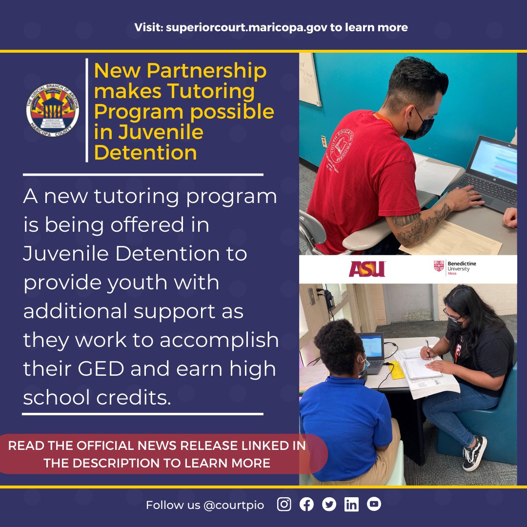courtpio's tweet photo. New partnership with @courtpio makes tutoring program possible in Juvenile Detention. Read more in the news release: https://t.co/Bws4FPtRic
#juvenileprobation #tutoring #ASU #benedictineuniversitymesa #students #youtheducationprogram #maricopacounty #volunteers #JBAZMC https://t.co/OWPwZ5R4qG
