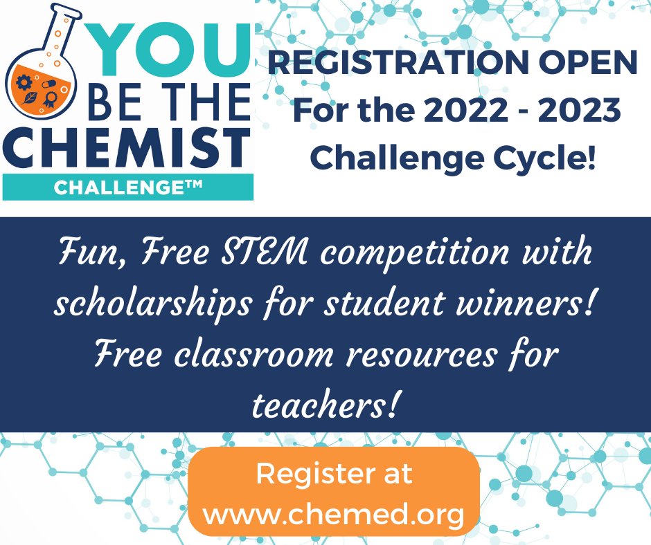 chem_ed's tweet photo. Want to help students learn about #chemistry in the real world? Look no further than the #YouBeTheChemist Challenge, an exciting team-based STEM competition for 5th-8th grade students! https://t.co/qykPky2oBP #STEM #STEMeducation #futureworkforce https://t.co/WQZAzADAAq