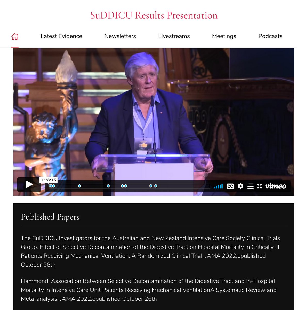 Following today's presentation at @ESICM & publication in @JAMA_current , here is the full 97 minute SuDDICU presentation at CCR22 in June. This includes the background, methods, results, SRMA, editorial, viewer's questions and panel discussion. criticalcarereviews.com