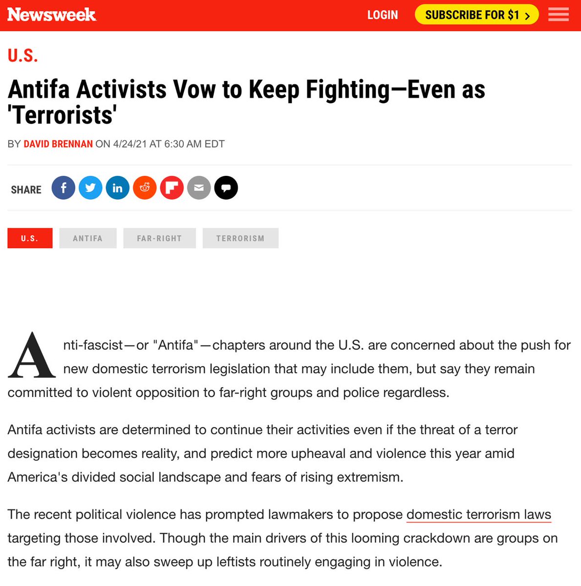 Newsweek: Antifa doesn’t exist. Also Newsweek: Antifa vows to keep fighting.