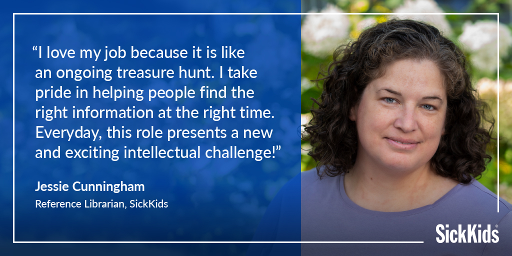 Jessie, a Reference Librarian with 15+ years of experience, is passionate about helping staff navigate the vast resources available at SickKids’ library. From research support to building a search strategy, she's ready for the challenge. #SKPeeps  #NationalMedicalLibrariansMonth
